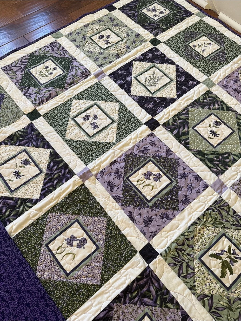 New Handcrafted Floral Patchwork Quilt in Purple & Green